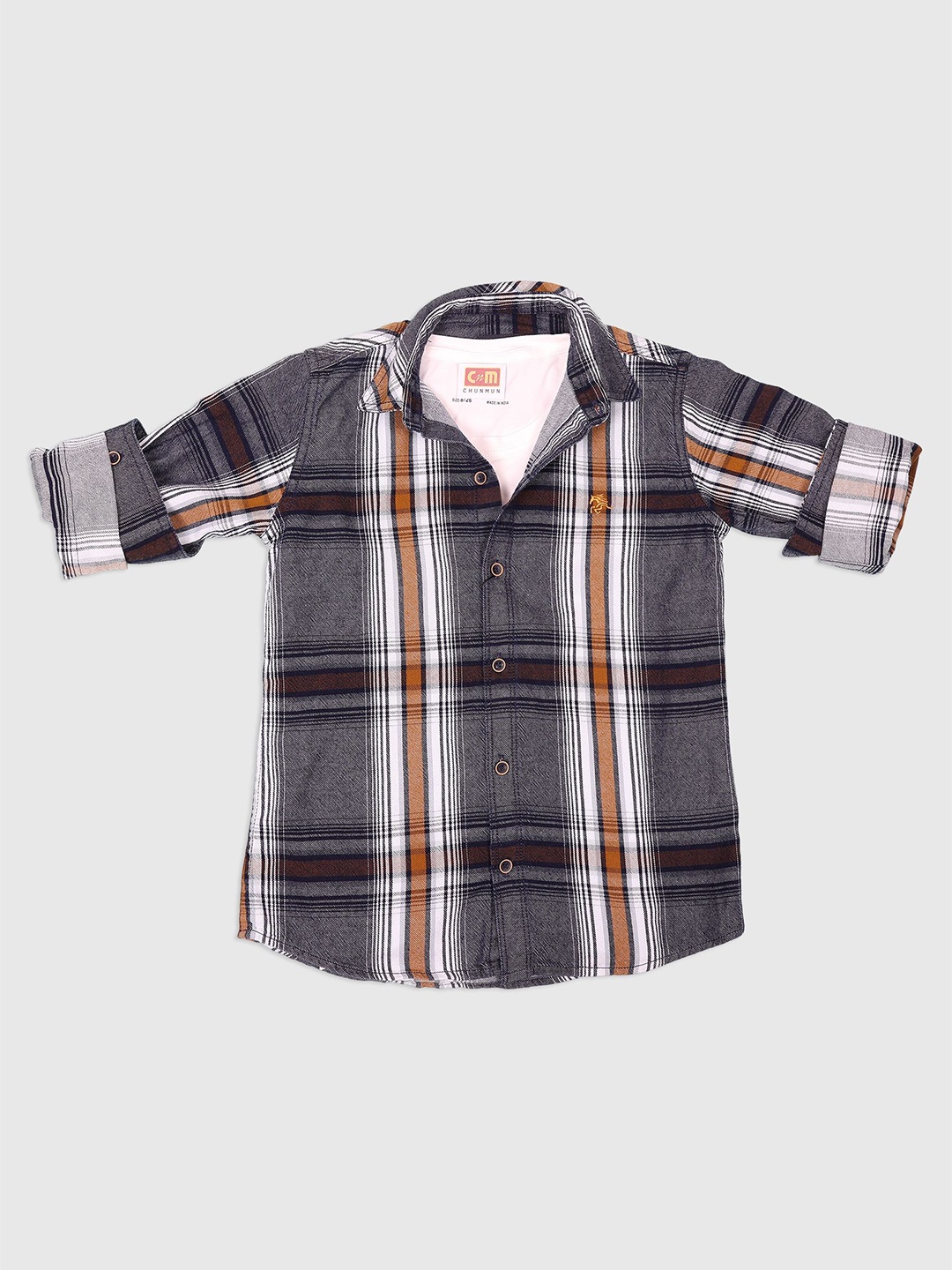 

CHUNMUN Boys Spread Collar Windowpane Checked Cotton Casual Shirt, Grey