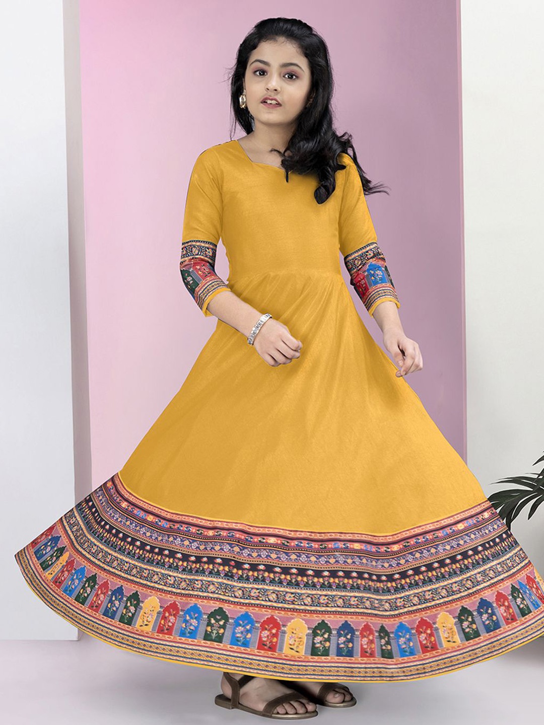 

BAESD Girls Printed Fit & Flare Maxi Dress, Mustard