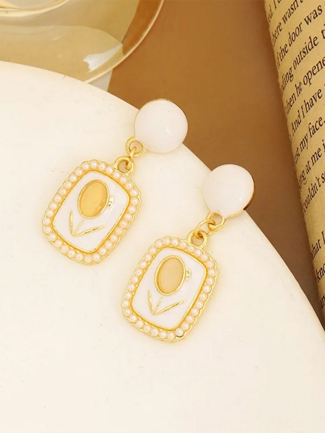 

ISHKAARA Stone Studded & Beaded Contemporary Drop Earrings, Gold