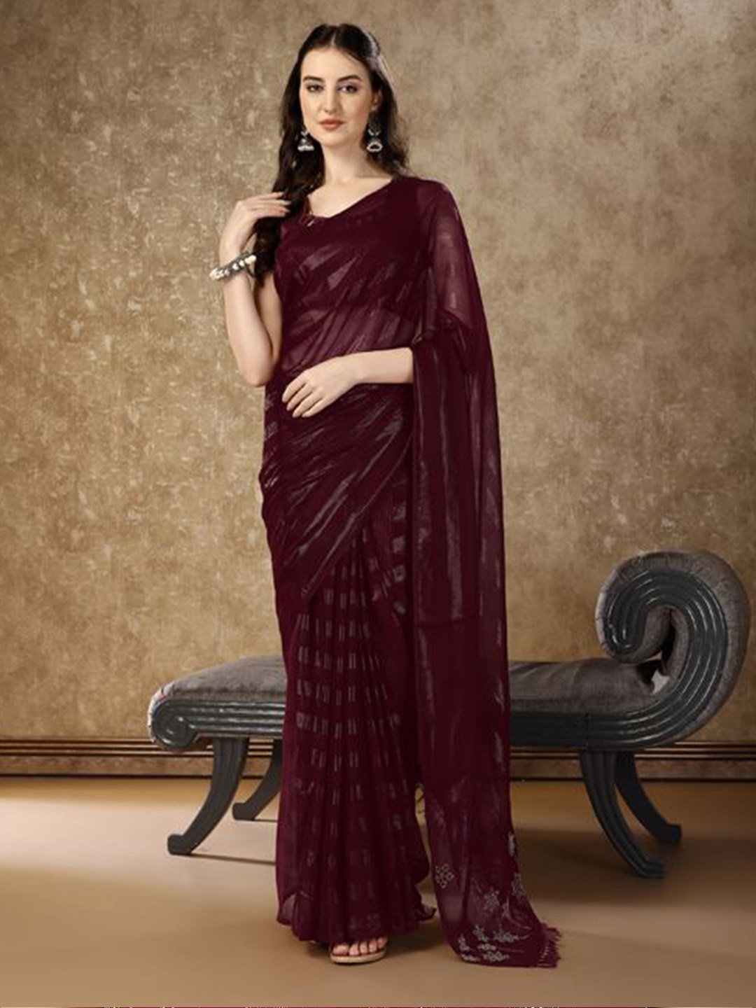 

HERE&NOW Embellished Beads and Stones Poly Chiffon Saree, Maroon
