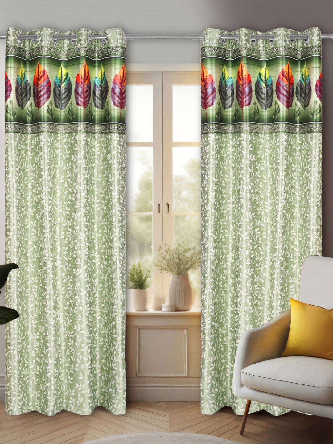 

REYANSH DECOR Green & White 2 Pieces Floral Room Darkening Long Door Curtains