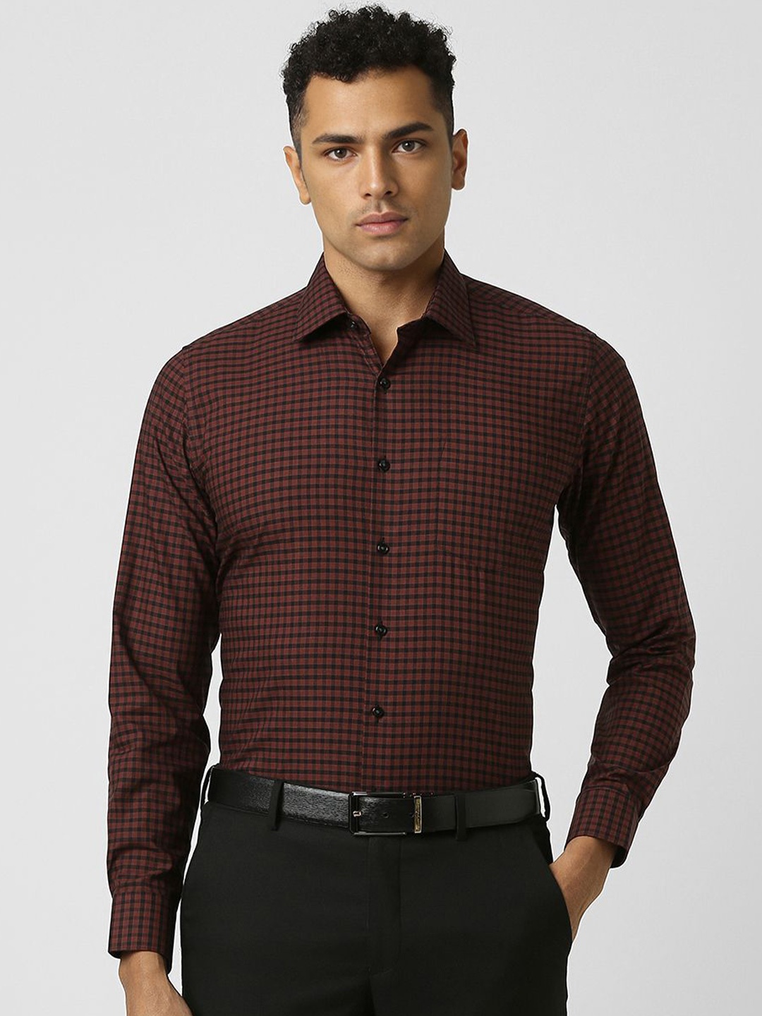 

Van Heusen Men Spread Collar Checked Cotton Slim Fit Formal Shirt, Brown