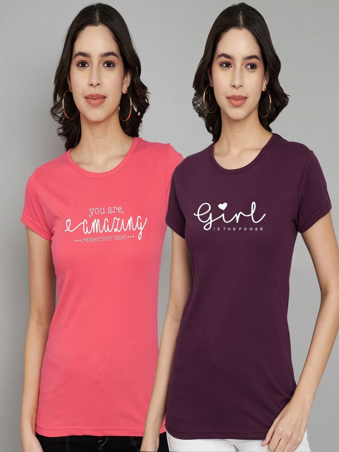

Trend Level Women Pack Of 2 Typography Printed Round Neck Cotton T-shirts, Coral