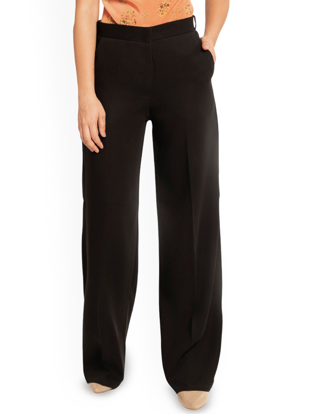 

D'Almirah Women Solid Comfort Flared High-Rise Wrinkle Free Trousers, Black