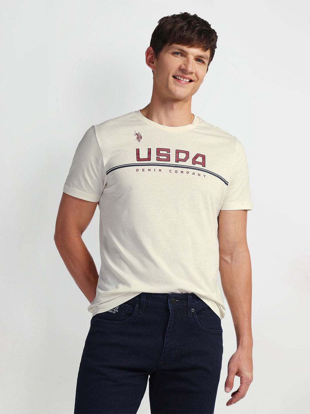 

U.S. Polo Assn. Denim Co. Brand Logo Printed Pure Cotton Slim Fit T-shirt, Cream
