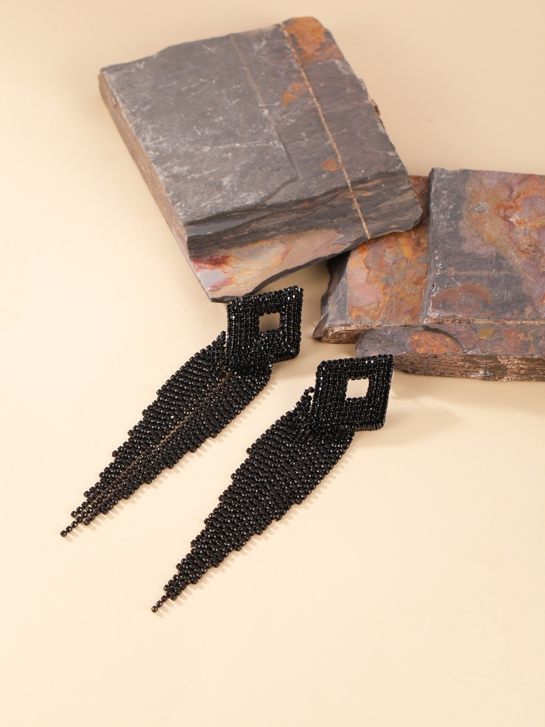 

KPOP Brass-Plated Contemporary Rhinestone Drop Earrings, Black