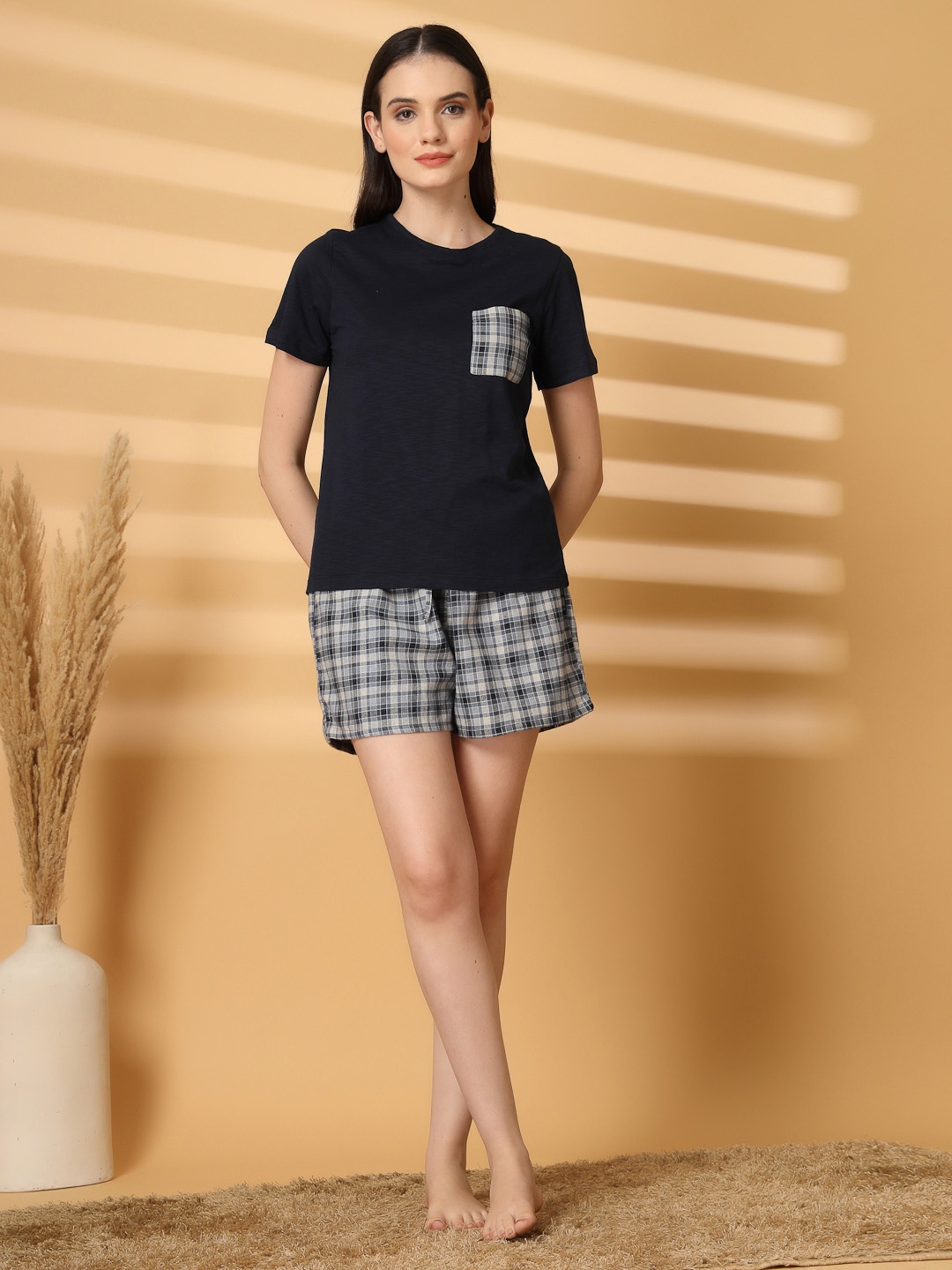 

ETC Women Pure Cotton Checked Printed Night Suit, Blue