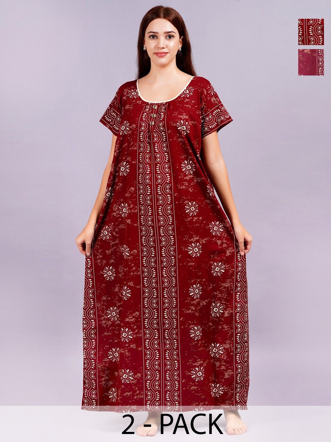 

Breezly Pack Of 2 Women Pure Cotton Ethnic Motifs Printed Maxi Nightdress, Maroon