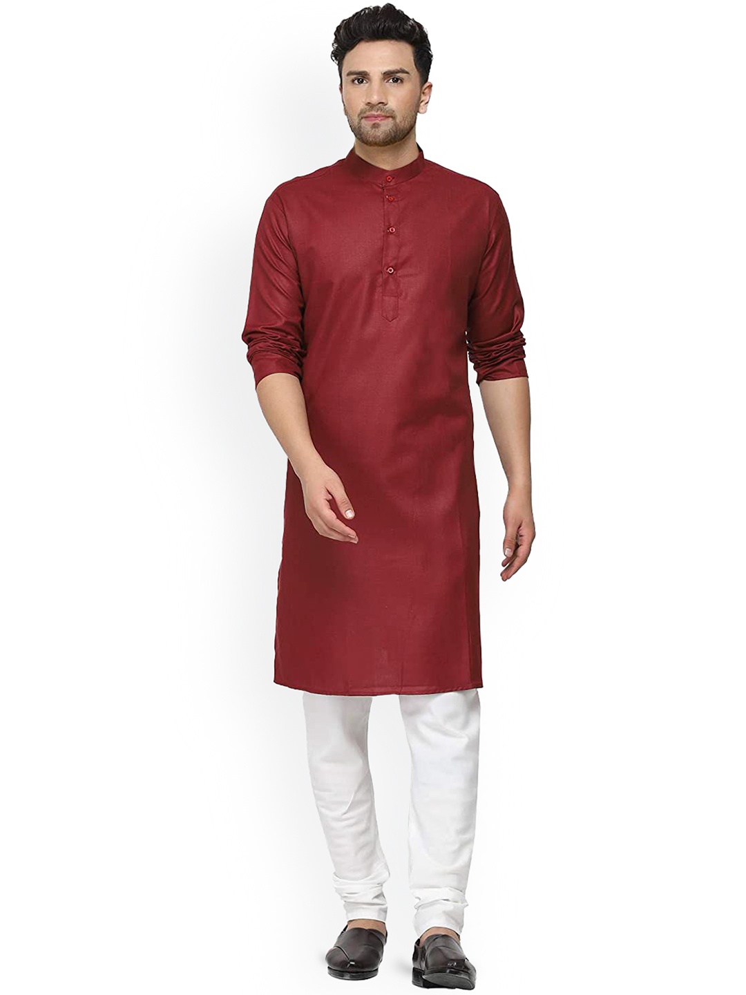 

VRUTA TRENDS Band Collar Long Sleeves Regular Kurta With Churidar, Maroon