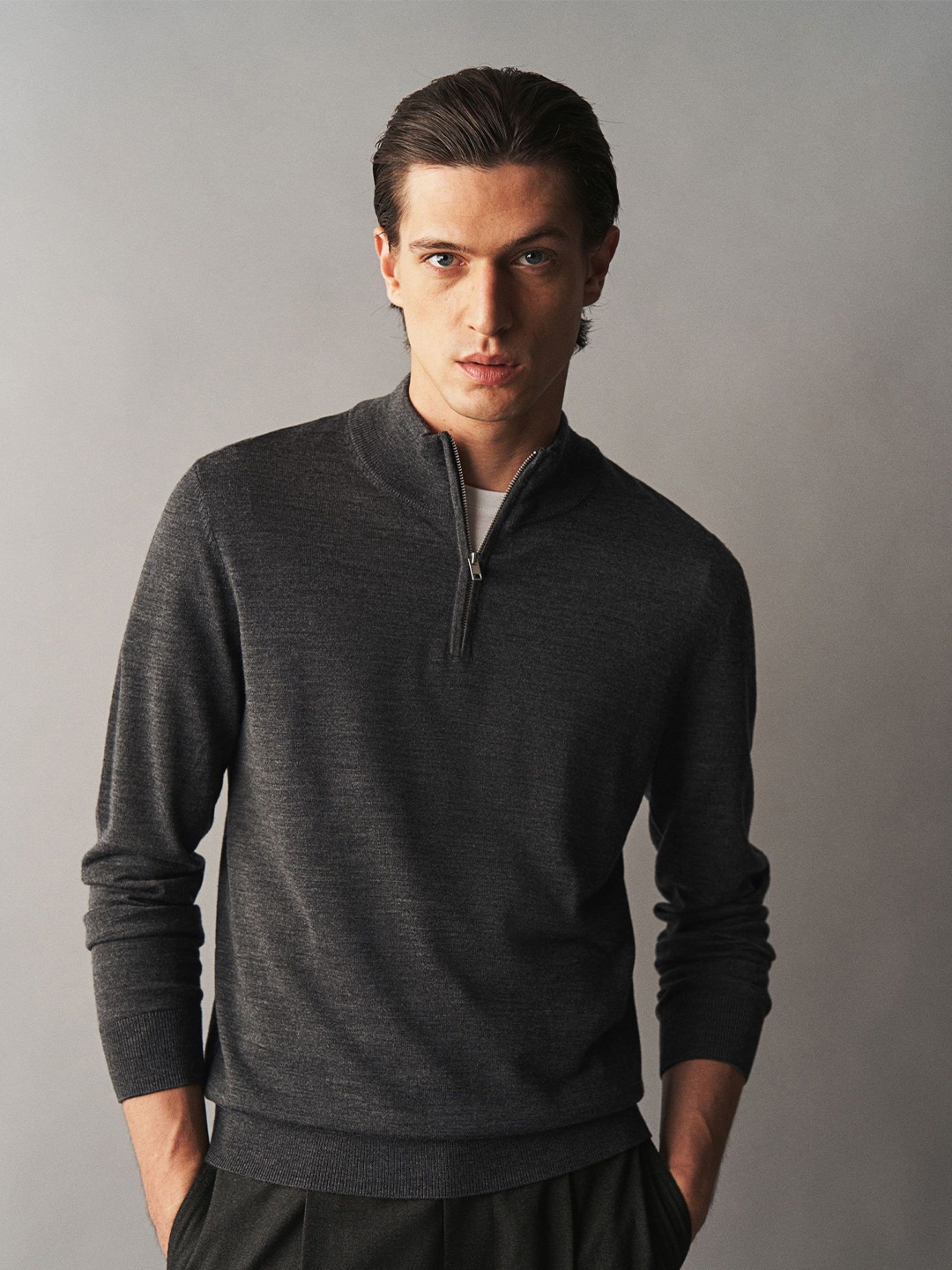 

H&M Slim Fit Zip-Top Merino Wool Jumper, Grey