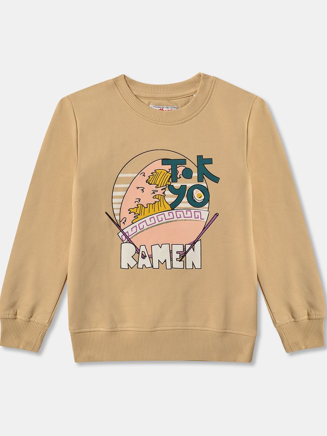 

R&B Girls Graphic Printed Round Neck Cotton Pullover Sweatshirt, Beige