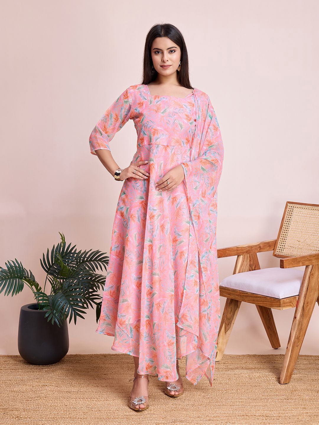 

Rujave Floral Printed Applique Georgette Maxi Dress, Pink