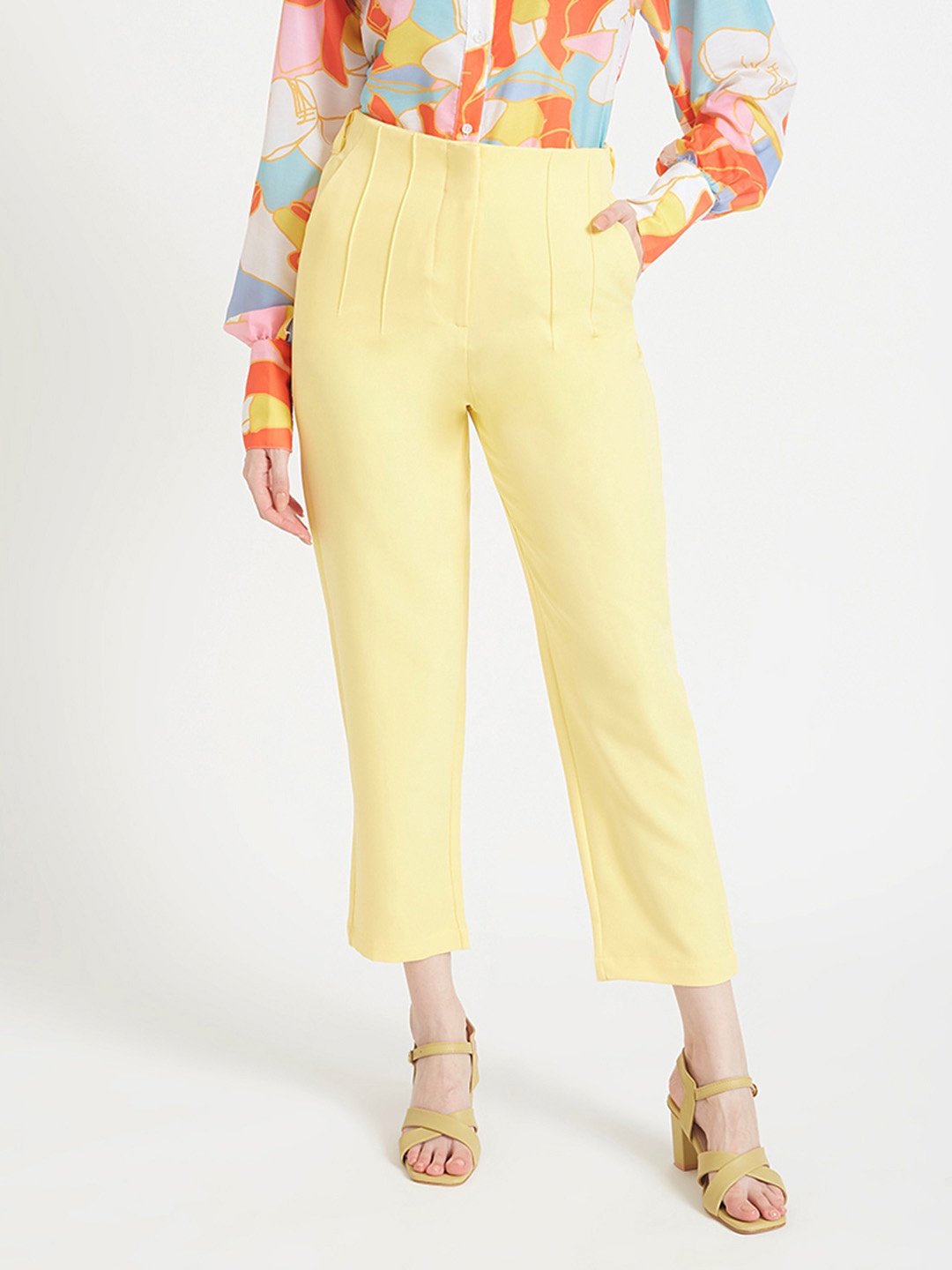 

AMSWAN Women Smart Skinny Fit High-Rise Pleated Trousers, Yellow