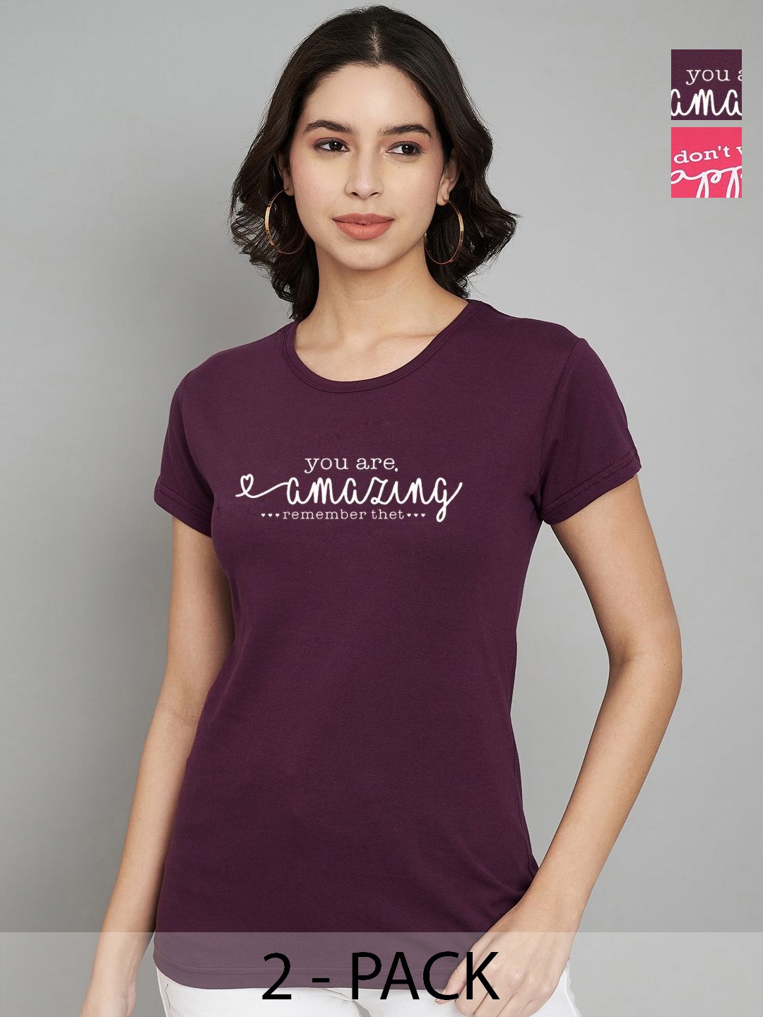 

Trend Level Women Pack Of 2 Typography Printed Round Neck Cotton T-shirts, Burgundy
