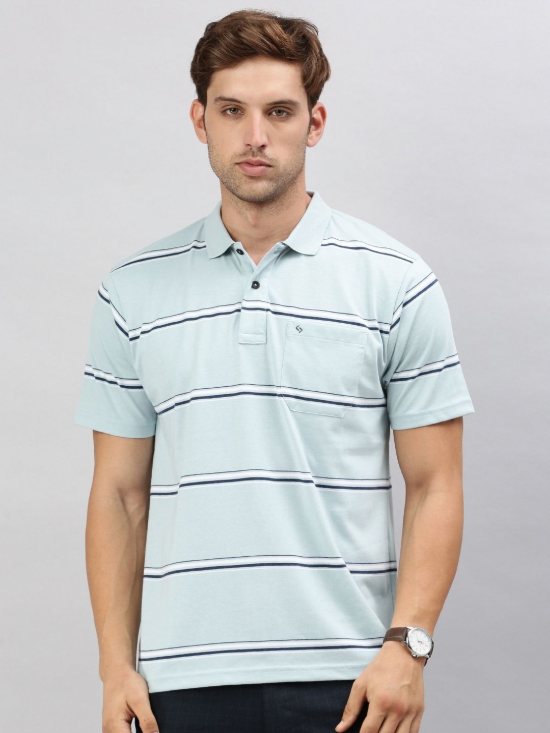 

Classic Polo Men Striped Polo Collar Cotton T-shirt, Blue