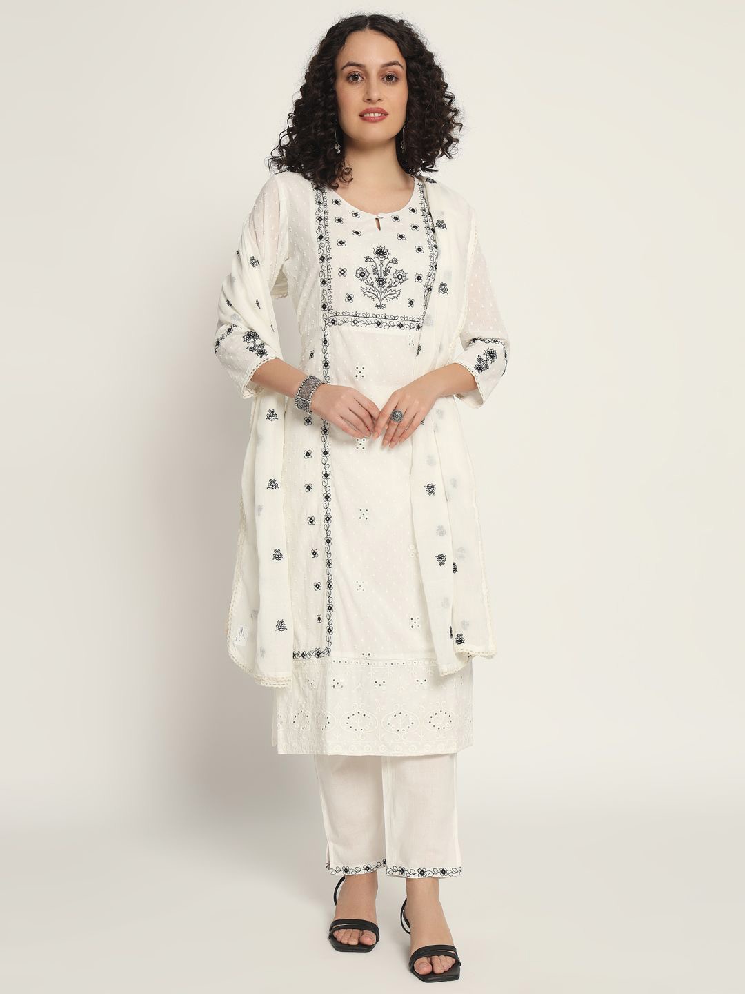 

ZARI Floral Embroidered Regular Mirror Work Pure Cotton Kurta With Trousers & Dupatta, White