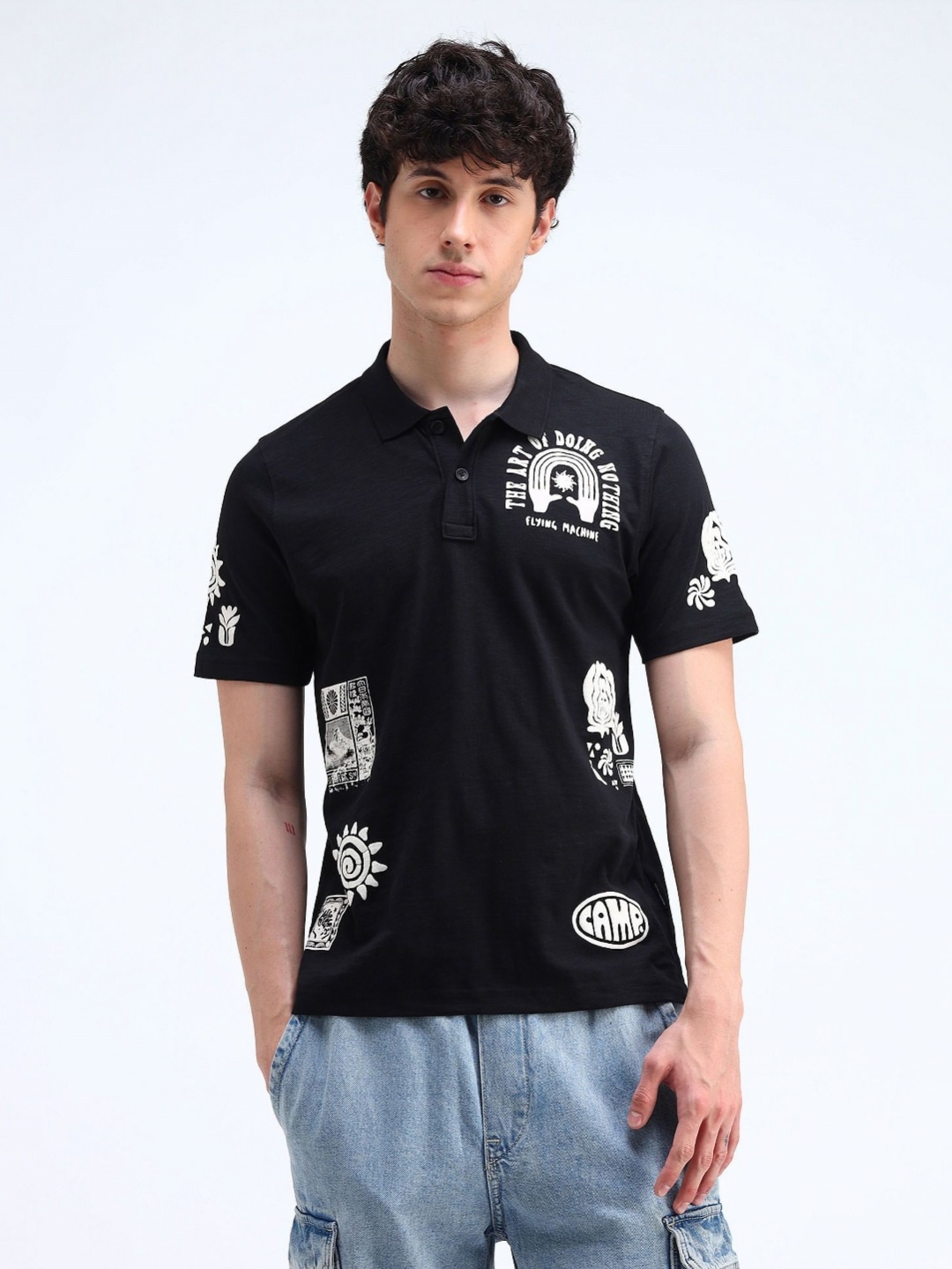 

Flying Machine Men Graphic Printed Polo Collar Cotton T-shirt, Black