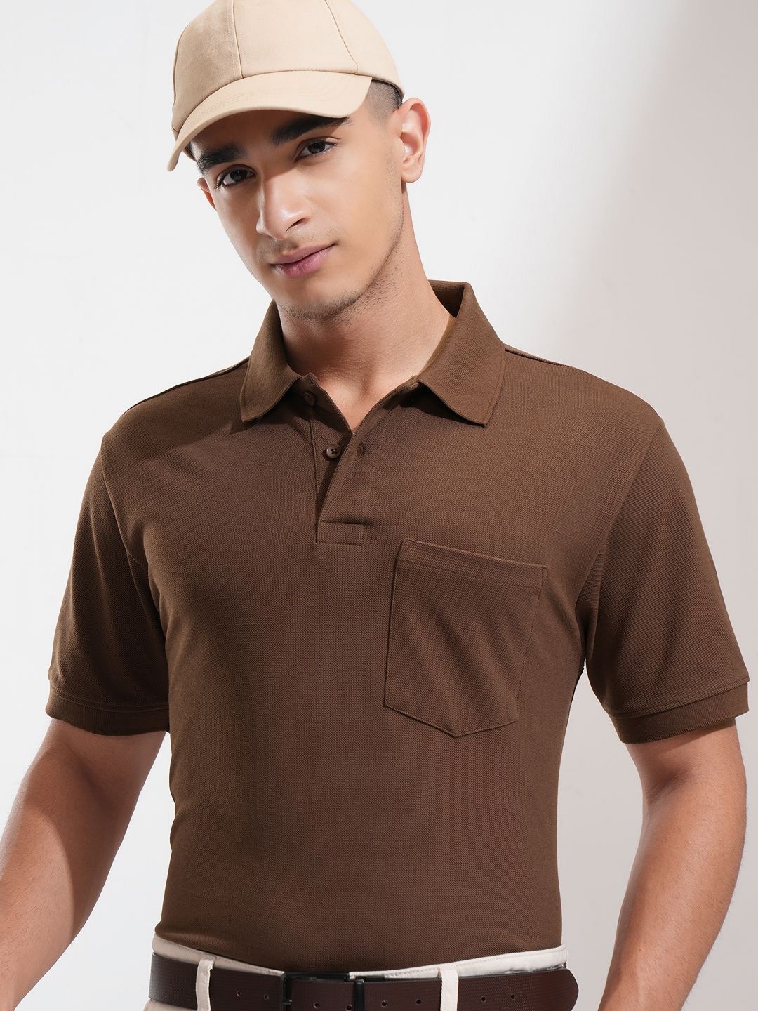 

HIGHLANDER Men Solid Polo Collar Cotton Relaxed Fit T-shirt, Brown