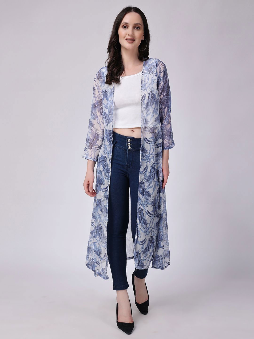 

MINOS Women Printed Longline Shrug, White