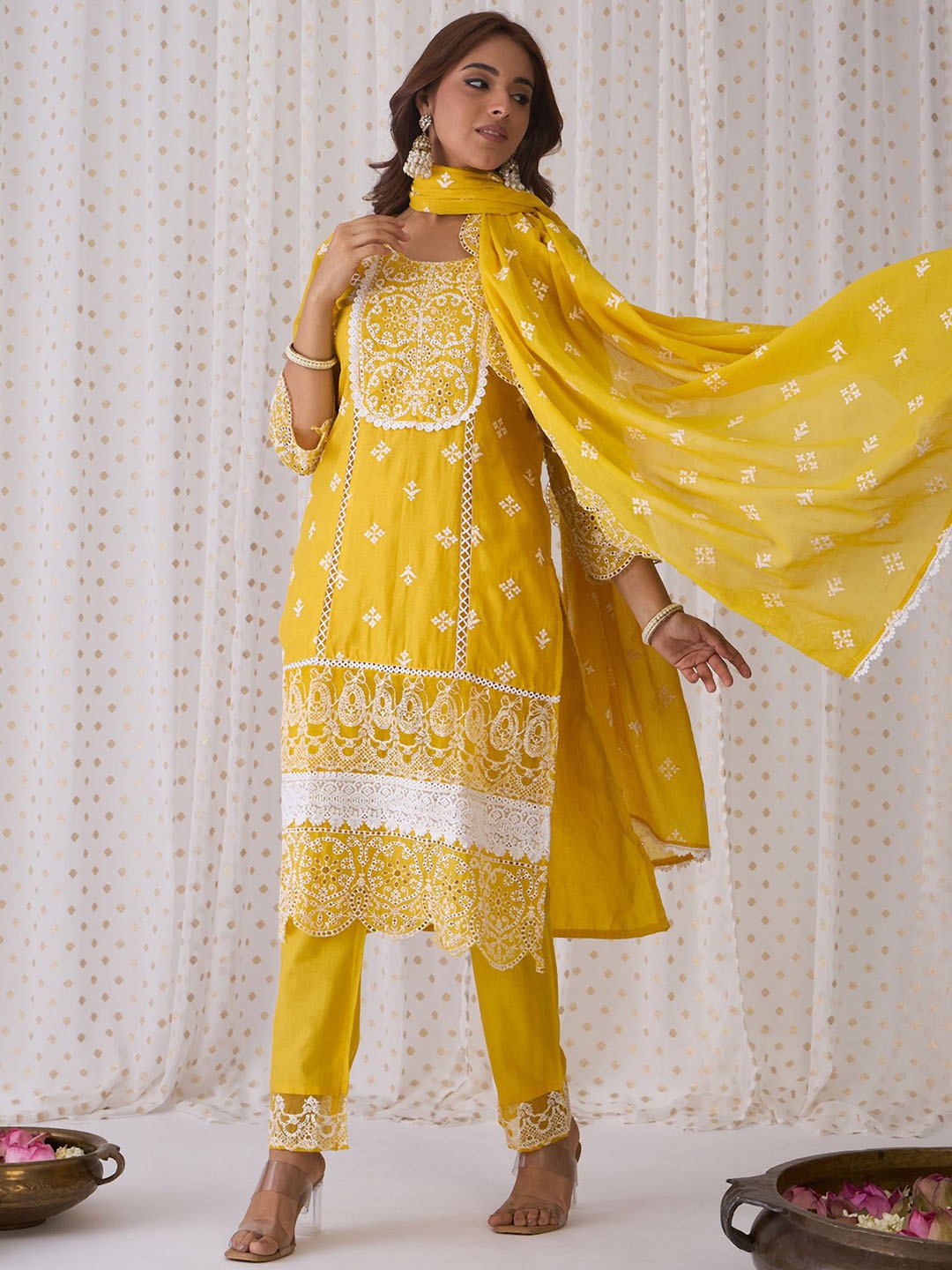 

Indo Era Floral Embroidered Regular Pure Cotton Straight Kurta With Trouser With Dupatta, Mustard