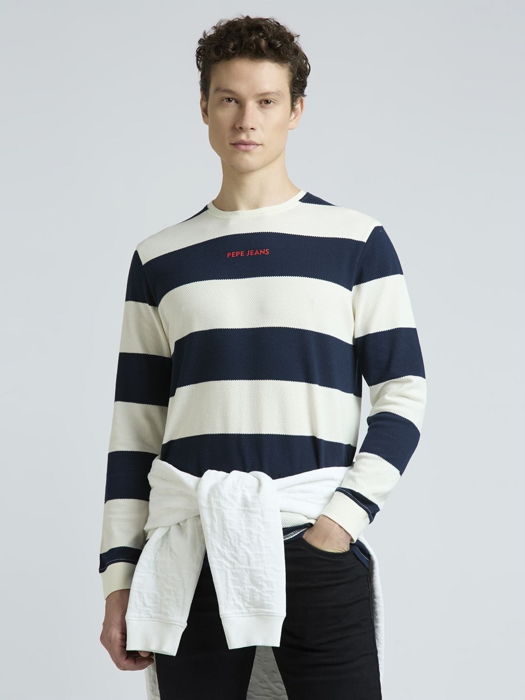 

Pepe Jeans Men Striped Round Neck Pure Cotton T-shirt, Navy blue