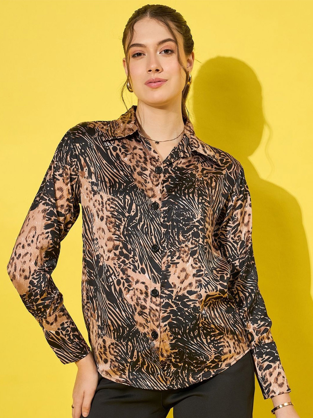 

BUY NEW TREND Women Standard Spread Collar Animal Printed Satin Casual Shirt, Brown
