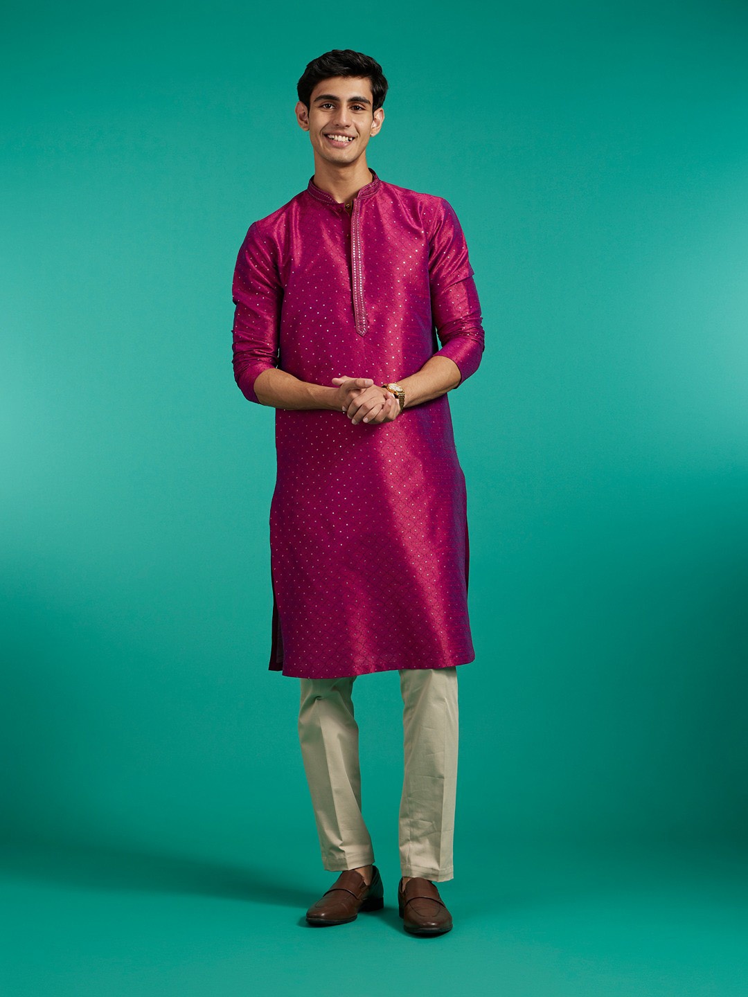 

Diwas by Manyavar Geometric Embroidered Thread Work Art Silk Straight Kurta, Pink
