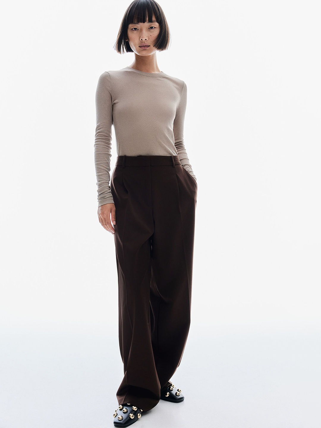 

H&M Women Tailored Fit Wide Trousers, Brown