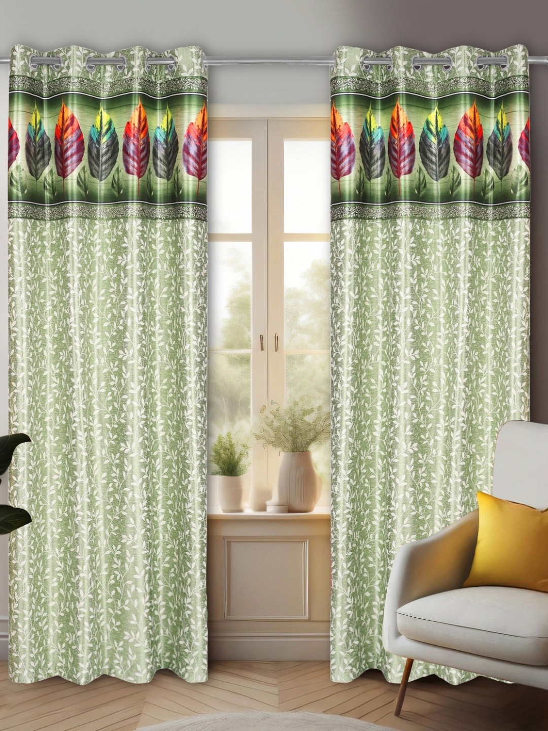 

REYANSH DECOR Green & White 2 Pieces Floral Room Darkening Door Curtains