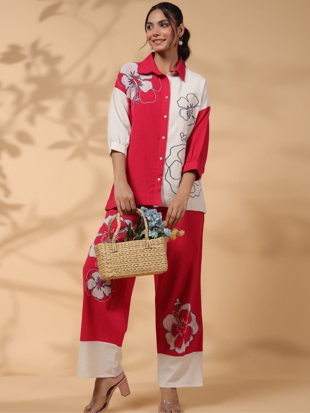 

Zolo Label Floral Embroidered Shirt With Trousers, Red