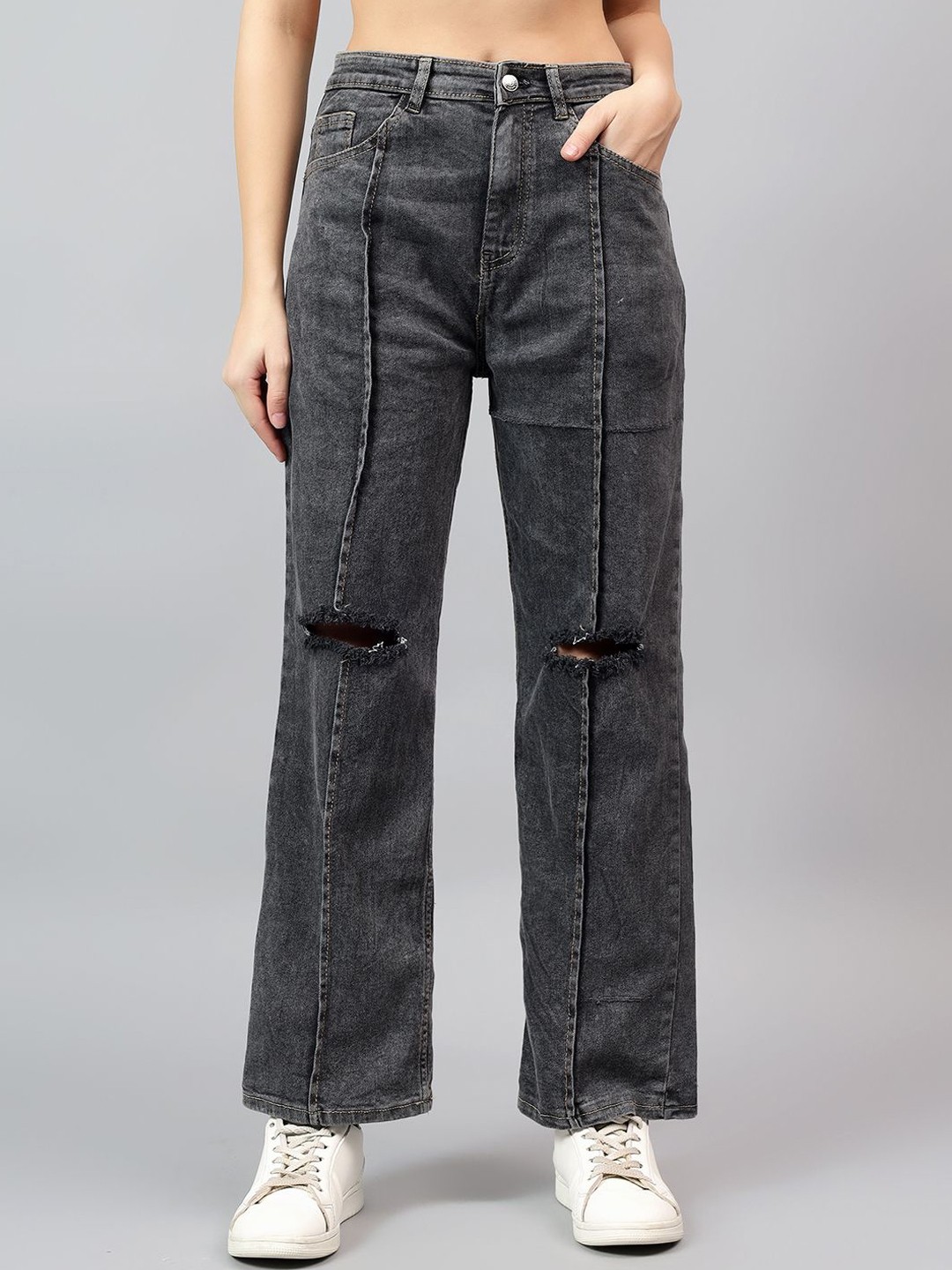 

Kotty Women Straight Fit High-Rise Low Distress Cotton Stretchable Jeans, Grey
