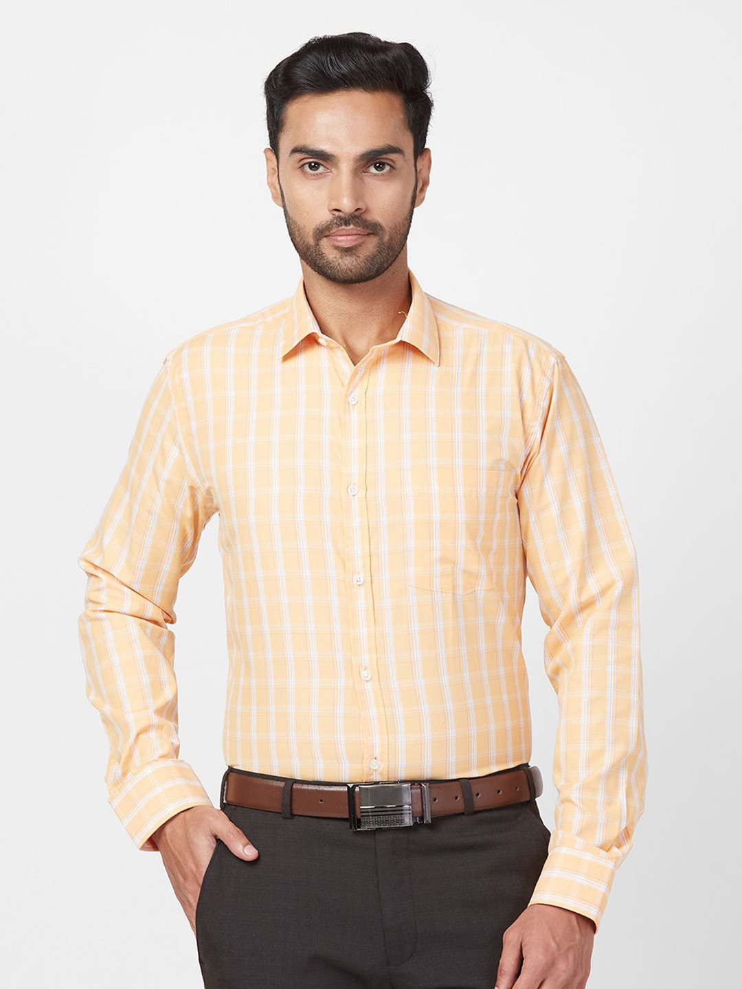 

Park Avenue Men Cutaway Collar Checked Slim Fit Formal Shirt, Orange