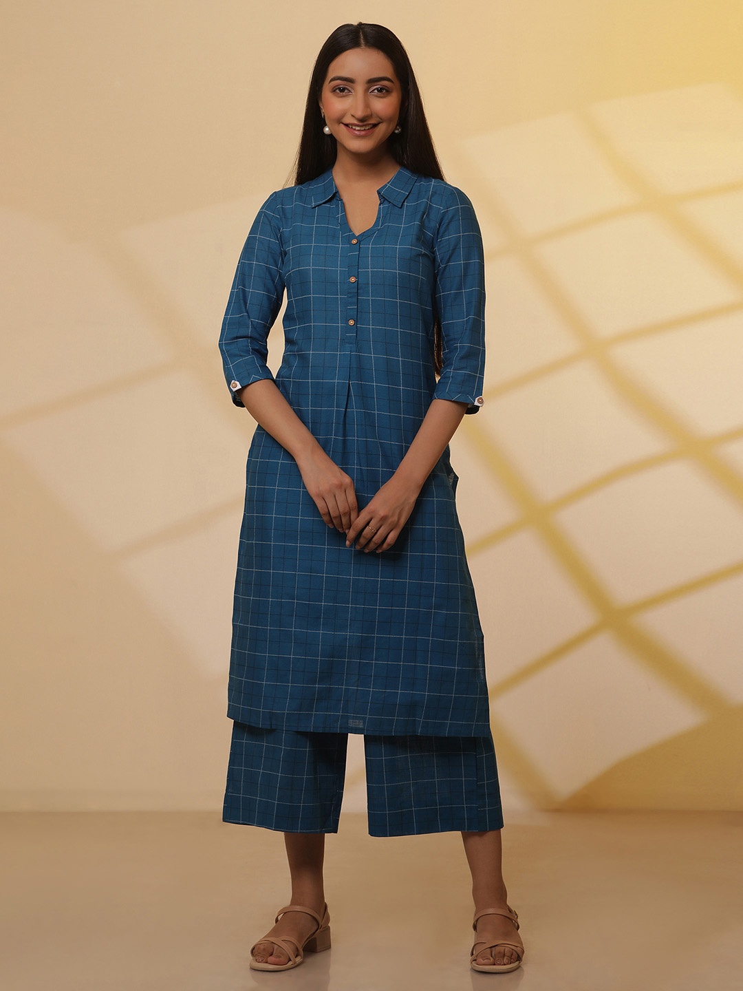 

AURELIA Checked Shirt Collar Pure Cotton Straight Kurta with Culotte, Blue