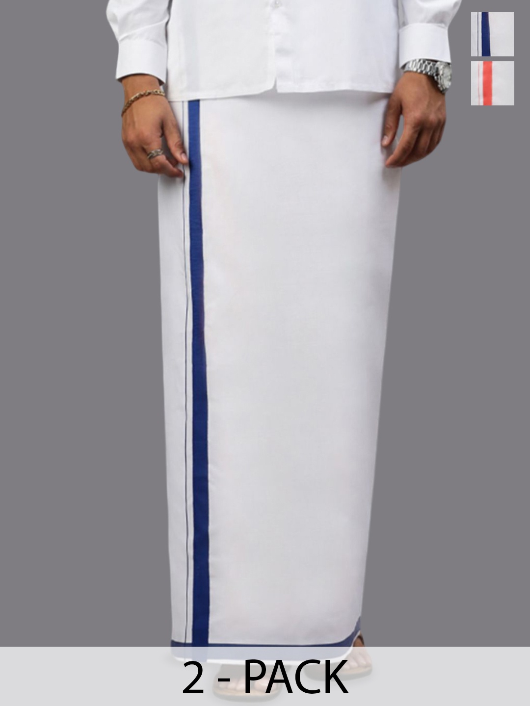 

Ramraj Men Pack of 2 Solid Border Dhoti, White