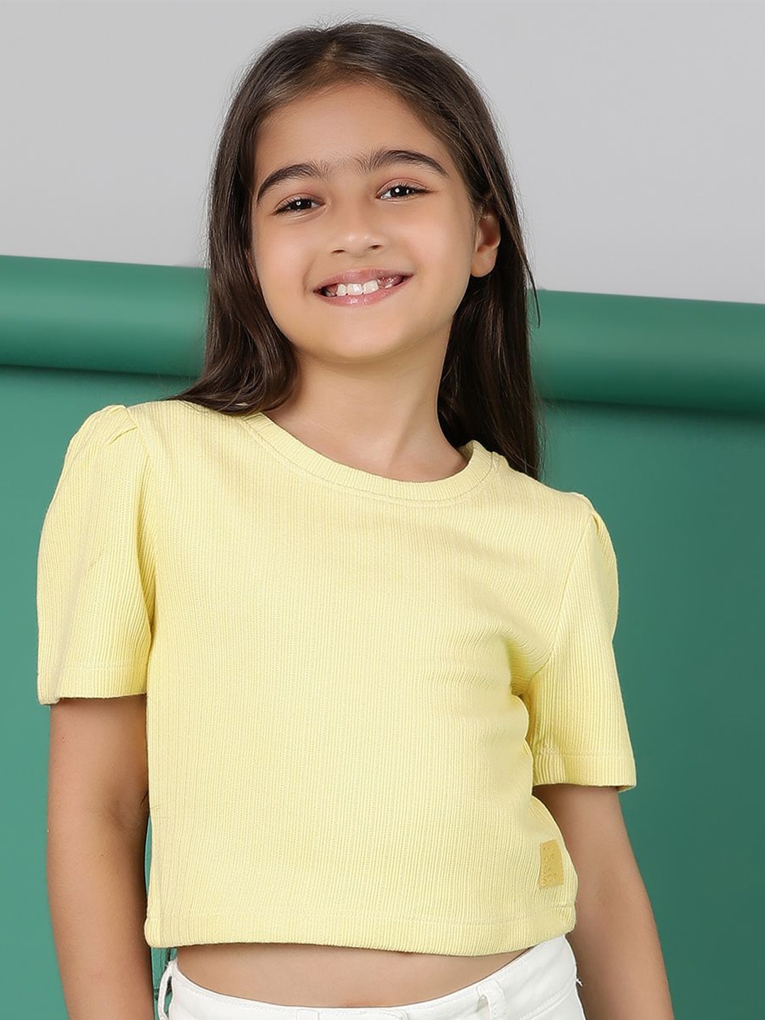 

TALES & STORIES Girls Solid Round Neck Top, Yellow
