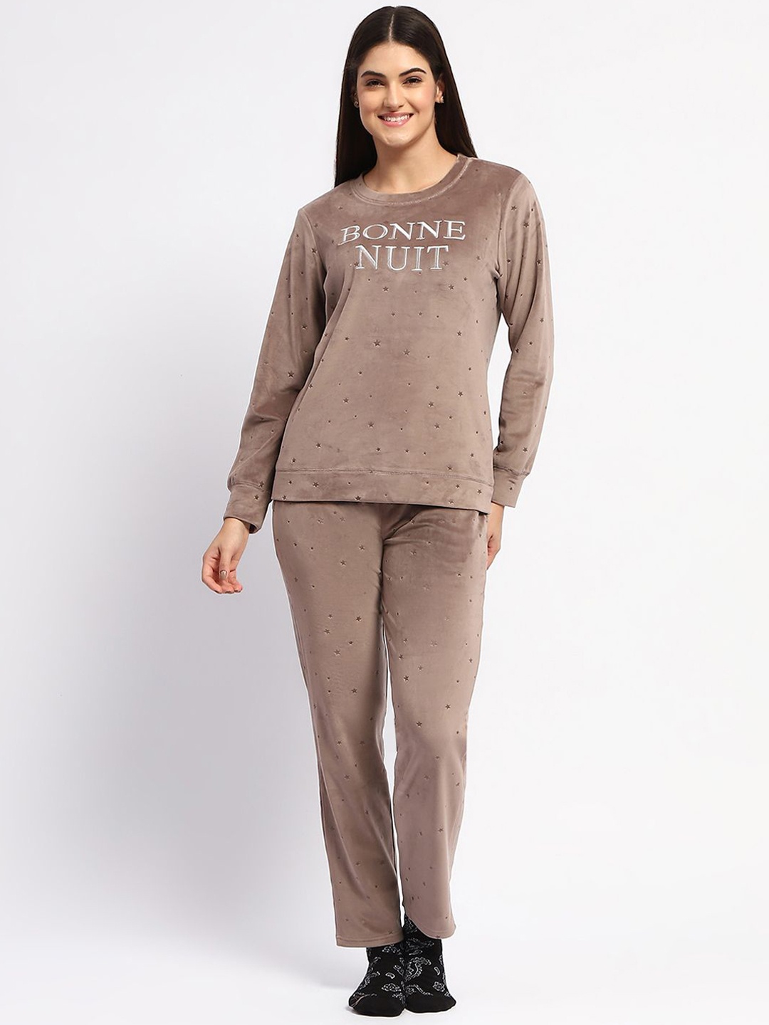 

MADAME M SECRET Women Typography Printed Night suit, Brown