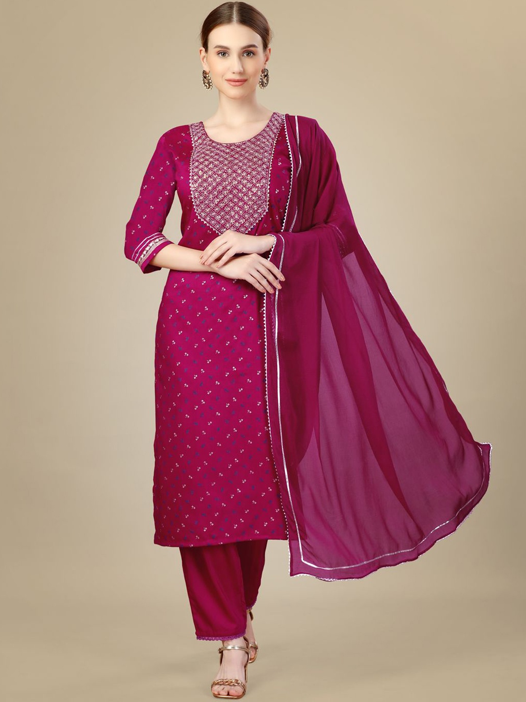 

KAYOMMI Ethnic Motifs Embroidered Regular Straight Kurta with Trousers & Dupatta, Pink