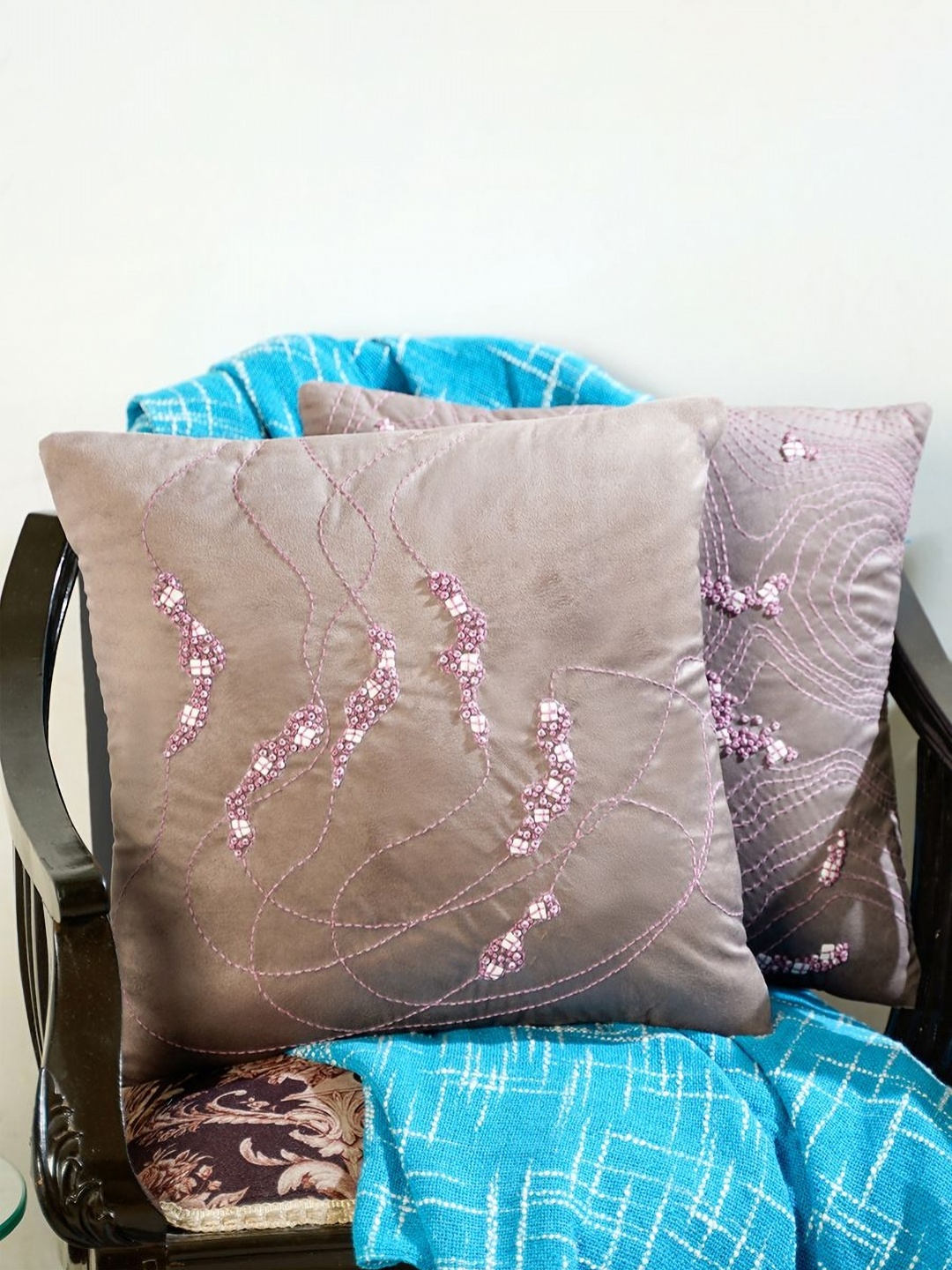 

Mid July Home Beige & Pink 2 Pieces Abstract Velvet Square Cushion Covers