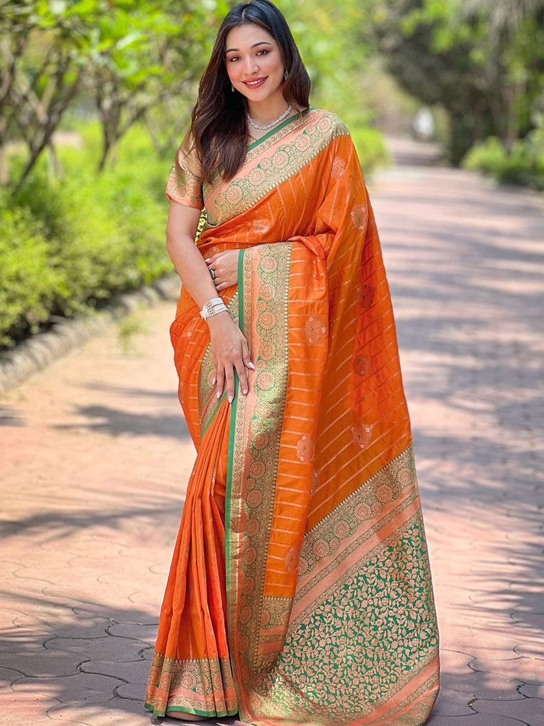 

SGF11 Woven Design Zari Pure Silk Kanjeevaram Saree, Orange