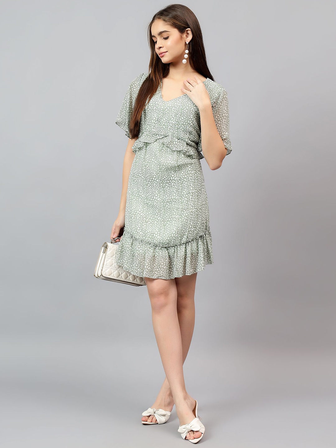 

Kotty Women Animal Printed Batwing Sleeve A-Line Above Knee Dress, Green
