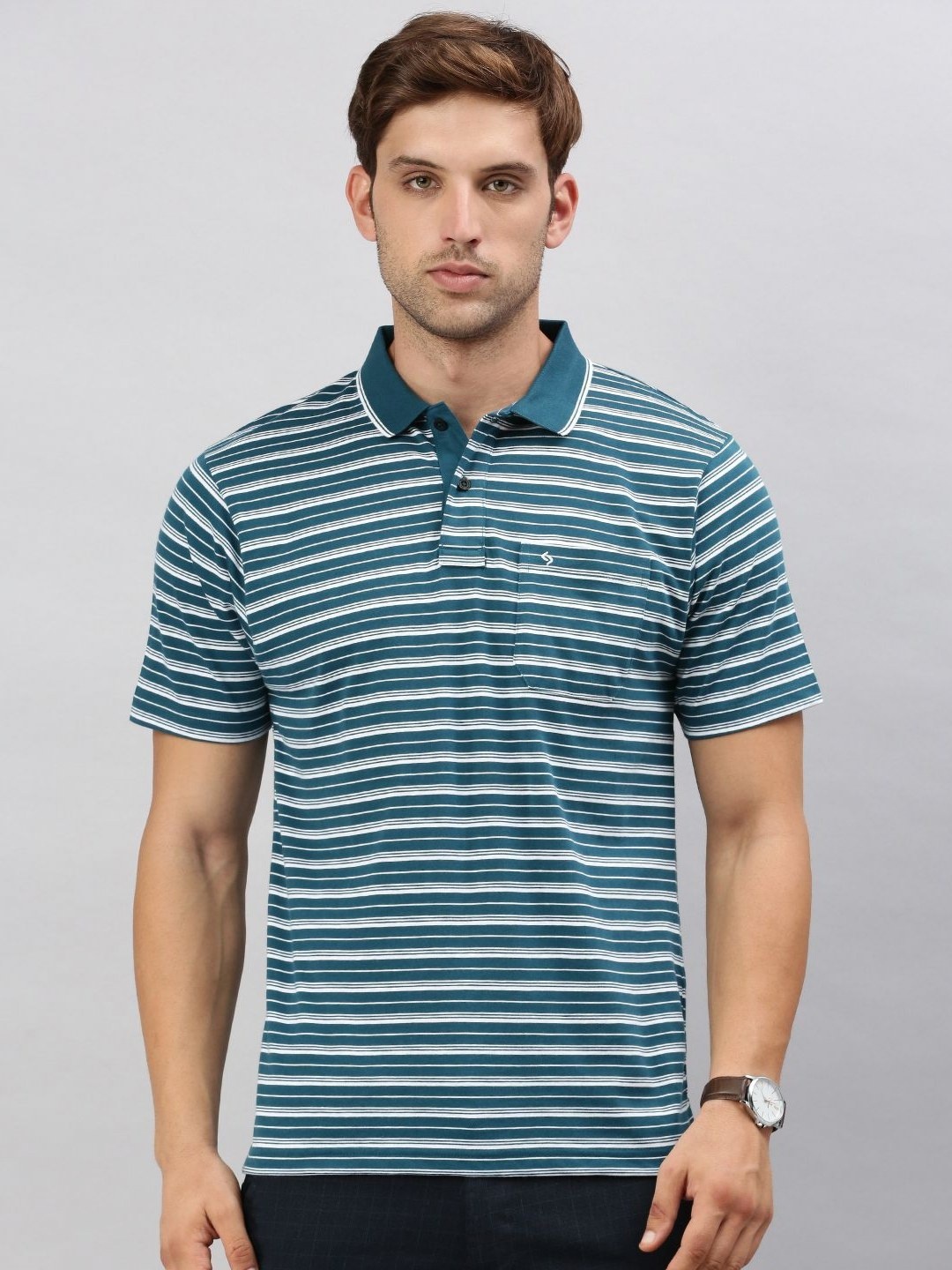 

Classic Polo Men Striped Polo Collar Cotton T-shirt, Teal