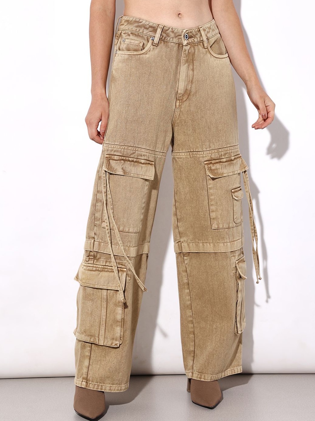 

ONLY Women Cotton Wide Leg Heavy Fade Cargo Jeans, Brown