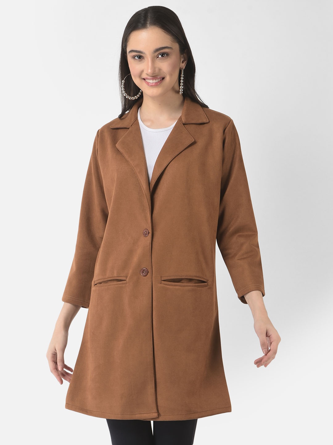 

FNOCKS Women Solid Single Breasted Woollen Overcoat, Brown
