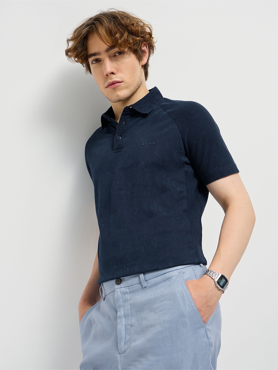 

THE BEAR HOUSE Men Solid Polo Collar Cotton T-shirt, Navy blue
