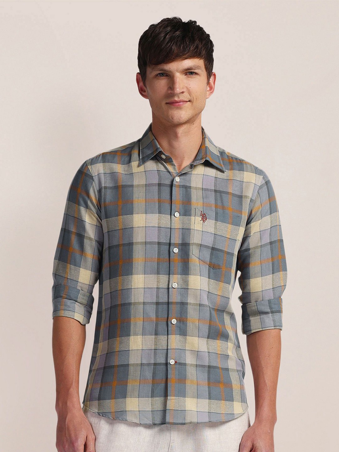 

U.S. Polo Assn. Men Spread Collar Checked Linen Casual Shirt, Green