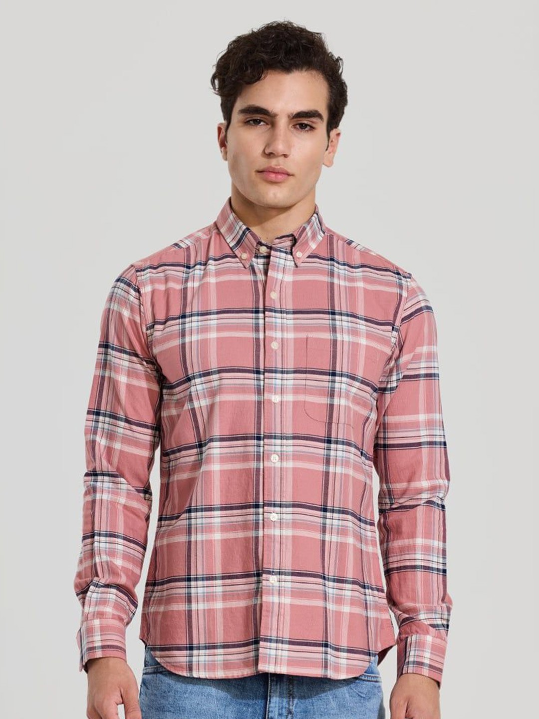 

Snitch Men Smart Button-Down Collar Tartan Checked Cotton Casual Shirt, Peach