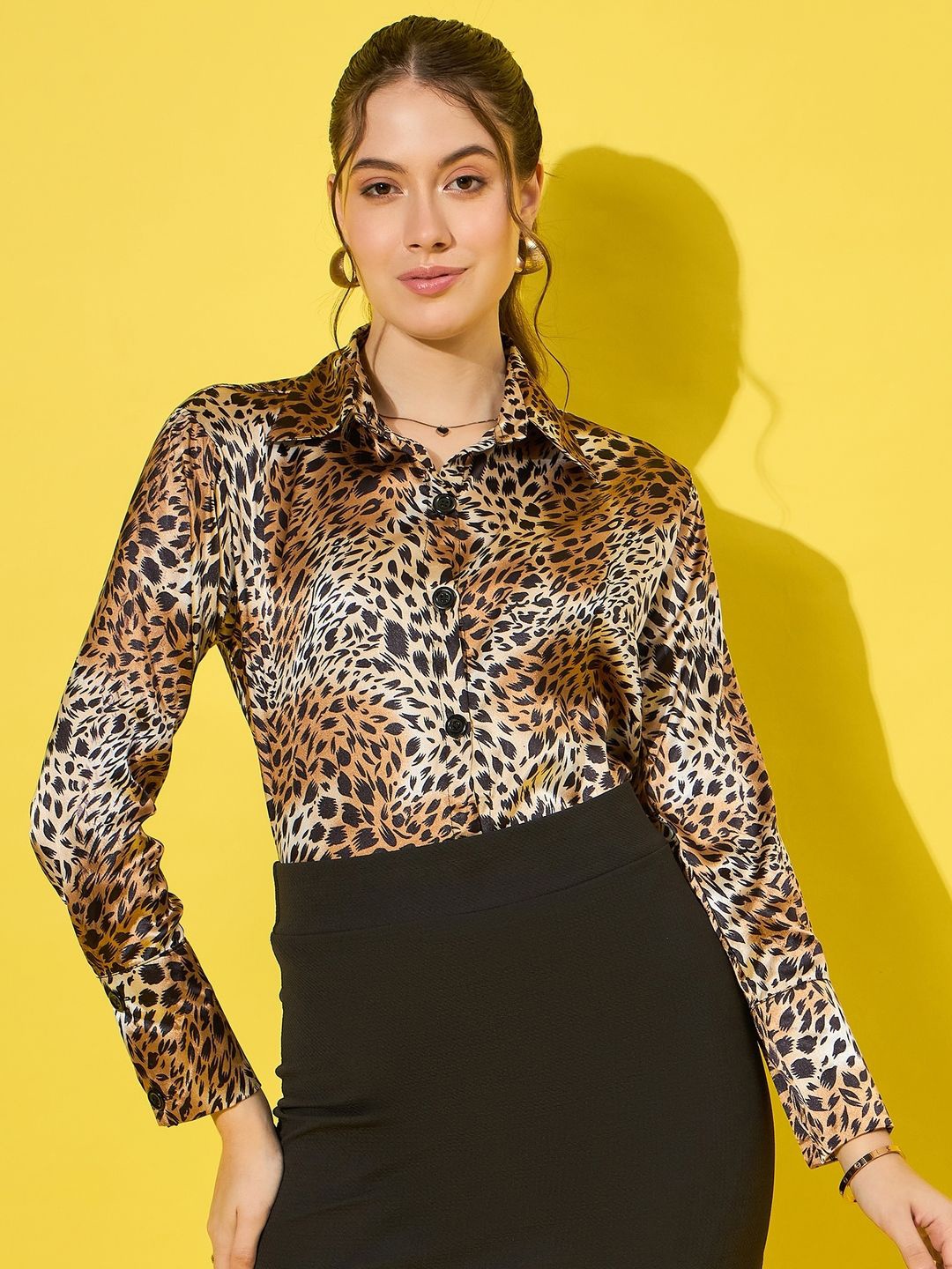 

BUY NEW TREND Women Standard Spread Collar Animal Printed Satin Casual Shirt, Brown