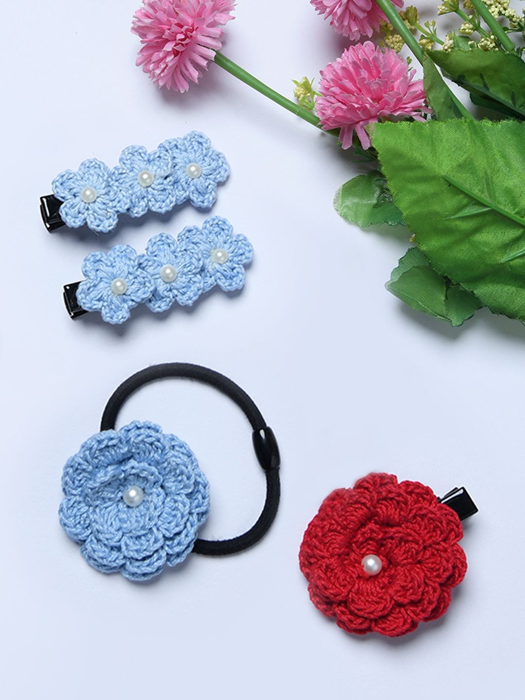 

FUNKRAFTS Girls Set of 4 Embellished Floral Crochet Hair Accessory Set, Blue