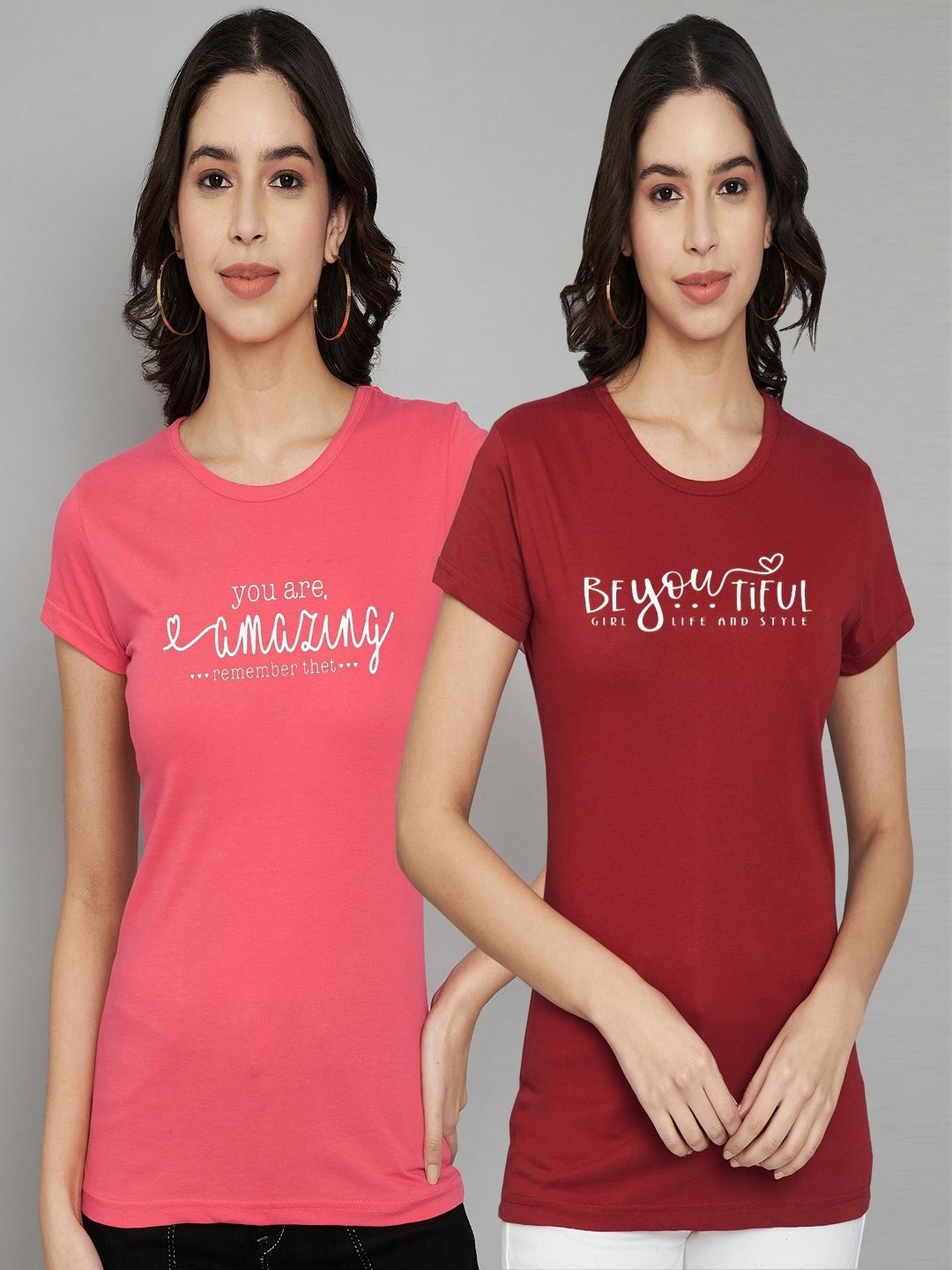 

Trend Level Women Pack Of 2 Typography Printed Round Neck Cotton T-shirts, Coral