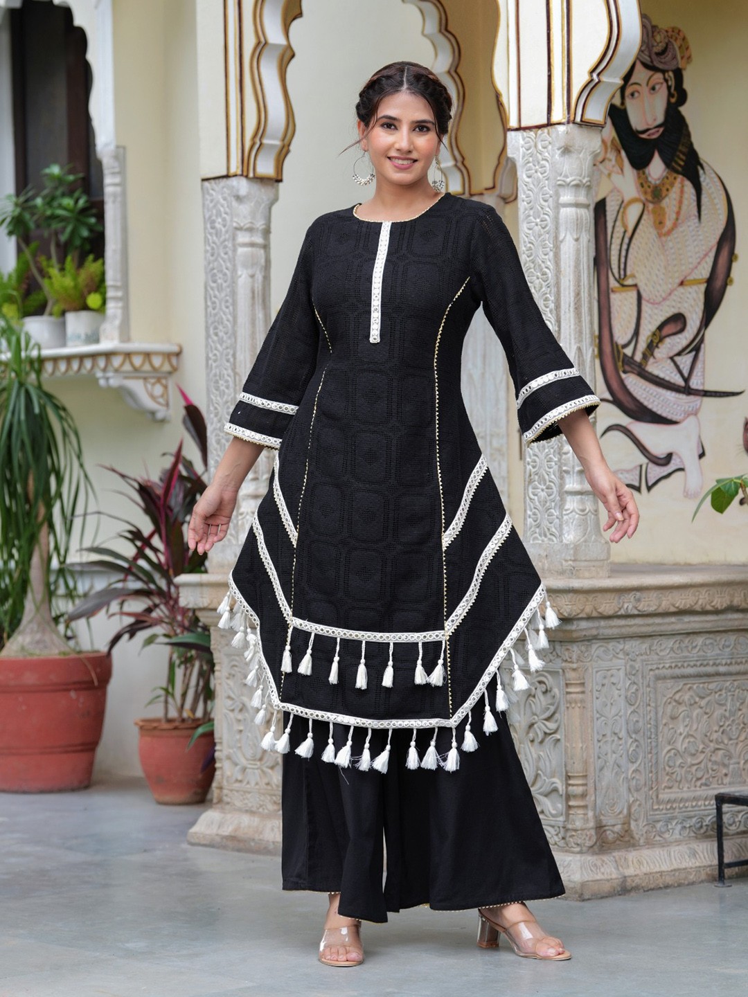 

Hatheli Geometric Self Design Panelled Mirror Work Pure Cotton Kurta With Palazzo, Black